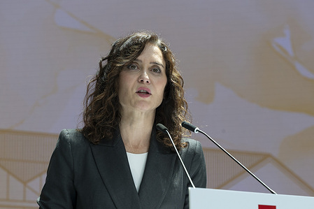 The President of the Community of Madrid, Isabel Diaz Ayuso, during a press conference at the Real Casa de Correos. Ayuso took stock of the four days of Pope Leo XIV's apostolic journey to Madrid.