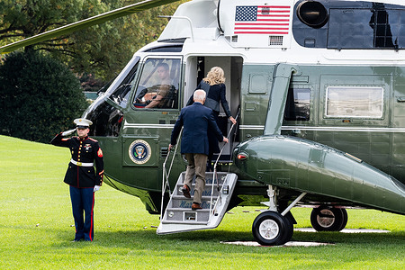 President Joe Biden and First Lady Jill Biden leaving the White House for a trip to Europe via Marine One.
