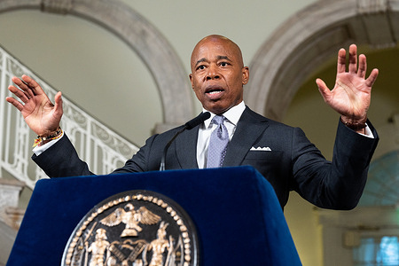 New York City Mayor Eric Adams (D) speaks at a press conference about housing reforms that will help people exit the shelter system and/or avoid it.