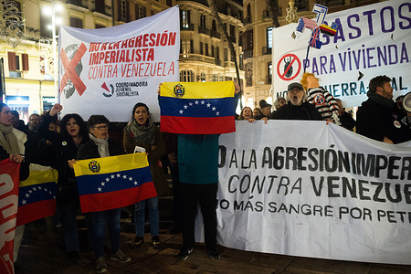 Demonstrators seen shouting slogans and holding banners as they take part in a protest against the detention of the President of Venezuela Nicolás Maduro, and his wife by the United States government under Donald Trump. Following the arrest and extradition of the Venezuelan president Nicolás Maduro to a prison in New York, demonstrations have taken place in favour of compliance with international law and against the attacks on Venezuela by the government of Donald Trump.