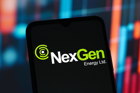 In this photo illustration, the NexGen Energy logo is seen displayed on a smartphone.