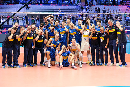 Italy team celebrates during the Final Eight of the CEV Enel EuroVolley 2026 Men match between Italy and Denmark at PalaVela. Italy wins the match against Denmark with a score 3-0.