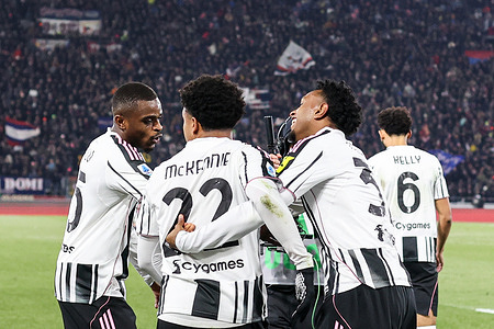 Players of Juventus celebrate after scoring a goal during the SERIE A match Bologna and Juventus at Stadio Renato DallAra. Final score; Bologna 0:1 Juventus.