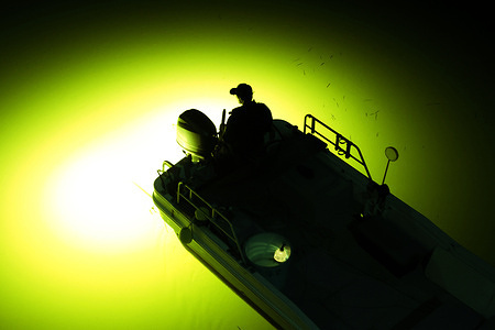 A fisherman seen on a small boat catching juvenile glass eels using a hand net at night on the Shimanto River, he used strong light to draw juvenile glass eels out. The transparent juveniles drift upstream from the ocean and are difficult to see in the dark water, so they are lured with bright light. Juvenile Japanese eels are highly valued and traded at high prices, and illegal fishing is also common.