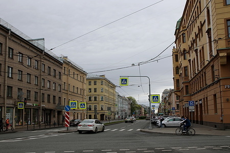 General view of the Small Avenue of Vasilyevsky Island in St. Petersburg, Russia, during cloudy weather.