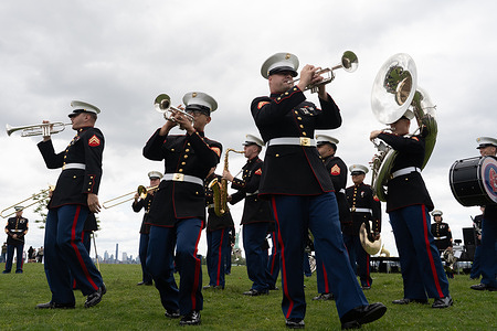 The US Marine Band performs during festivities at Liberty State Park in New Jersey for New York's 37th Annual Fleet Week.