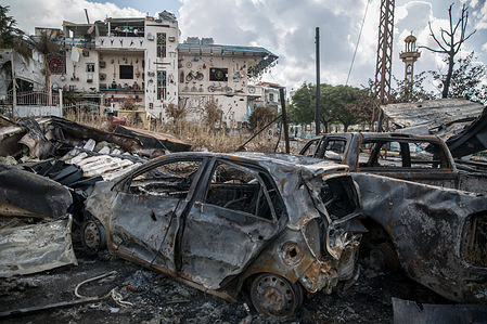 Burnt vehicles on the site where generators were destroyed by Israeli airstrikes in central Jibchit, in the Nabatieh district, southern Lebanon, the local municipality said. A fragile 10-day ceasefire was declared between Israel and Lebanon on April 16, but many Lebanese are concerned about a return to all-out war.