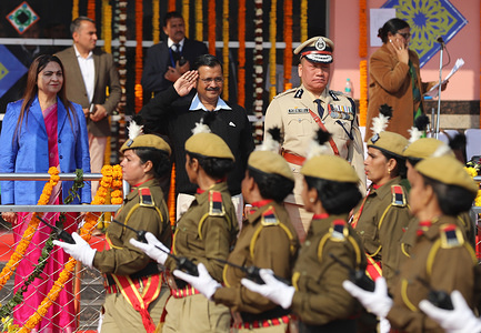 Delhi Chief Minister Arvind Kejriwal salutes policewomen marching during the celebration in Delhi.
Delhi State Authority organized a Republic Day celebrations a day before as the cultural and annual Republic Day Parade will be organized by the Central Government in Delhi.