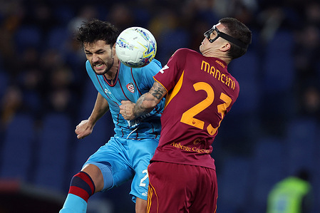 Alberto Dossena of Cagliari and Gianluca Mancini of Roma seen in action during the Serie A Enilive 2025-2026 football match between AS Roma and Cagliari Calcio at Olympic Stadium. Final score; AS Roma 2 : 0 Cagliari Calcio.