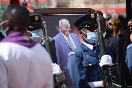 A portrait of the late retired president Mwai Kibaki is seen during his state funeral at Nyayo Stadium. The former head of state, who ruled for ten years (December 2002 until April 2013) will be laid to rest on April 30, 2022 at his home in Othaya, Nyeri county.