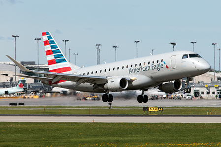 An American Eagle (Republic Airways) Embraer 170-200LR is landing at Montreal Pierre Elliott Trudeau International Airport. Republic Airways Inc is a regional airline that operates as American Eagle, Delta Connection, and United Express using a fleet of Embraer 170 and Embraer 175 regional jets. It is headquartered in Indianapolis, Indiana.