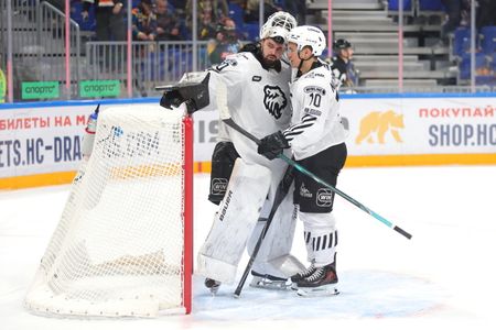 Dmitry Nikolayev (70) and Artemy Nizameyev (10) of Traktor Hockey Club seen in action during the Hockey match, Kontinental Hockey League 2026/2027 between Shanghai Dragons China and Traktor Chelyabinsk at the SKA Arena. (Final score; Shanghai Dragons 2:6 Traktor).
