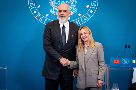 Italian Prime Minister Giorgia Meloni (R) and Albanian Prime Minister Edi Rama (L) address a press conference after the 1st Italy-Albania Intergovernmental Summit at Villa Doria Pamphilj in Rome.