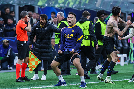 Lautaro Martinez of FC Internazionale celebrates during UEFA Champions League 2024/25 Semi Final - 2nd leg football match between FC Internazionale and FC Barcelona at San Siro Stadium. Final score; FC Internazionale 4: 3 FC Barcelona.
