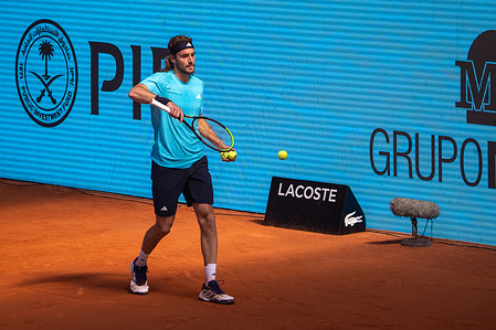 Stefanos Tsitsipas of Greece plays against Casper Ruud of Norway (not pictured) during the Mutua Madrid Open tennis tournament at La Caja Mágica. Casper Ruud wins 6-7, 7-6, 7-6