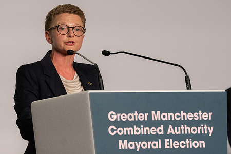 Labour's Bev Craig gives a speech after Greater Manchester mayoral win. The Greater Manchester mayoral election moved to the second choice count phase with Bev Craig (Labour) and Sian Astley ReformUK at Co-op Live arena.
