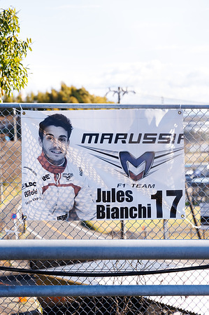 A fan sign paying tribute to former Marussia F1 Team driver Jules Bianchi, who tragically died at the Suzuka circuit in 2014 is tied to a fence ahead of the F1 Grand Prix of Japan at the Suzuka Circuit.