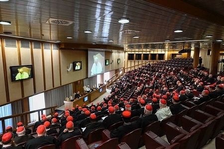 Pope Leo XIV (formerly Robert Francis Prevost) makes his first address to the College of Cardinals at the Synod Hall.
