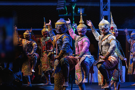 Performers seen dressed as the fictional character from "Ramakien" Thai national epic and performing Khon dance in Sutat temple during the Thai Cultural Festival. Khon dance is a performing art that combines musical, vocal, literary, dance, ritual and handicraft elements.