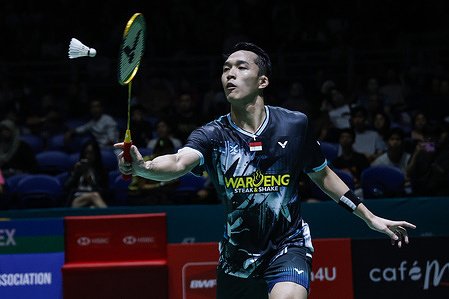 Jonatan Christie of Indonesia plays against Leong Jun Hao of Malaysia (not pictured) during the Men's Singles Round 16 match of the Petronas Malaysia Open 2026 at Axiata Arena. Jonatan Christie won with scores; 21/21 : 18/11