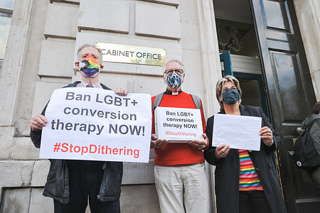 Peter Tatchell together with other activists handed letters to cabinet office to oppose conversion therapy during the demonstration.
A group of LGBT+ supporters gathering in front of the cabinet office to protest the use of conversion therapy. Peter Tatchell, together with the other lead activists, have handed in letters to the office.