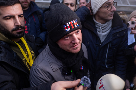 Far-right activist Stephen Yaxley-Lennon, better known as Tommy Robinson, speaks to media at Westminster, during a protest in solidarity with the Iran uprising. Demonstrators marched from the Embassy of the Islamic Republic of Iran to Downing Street as almost 2000 deaths have been reported in Iran.