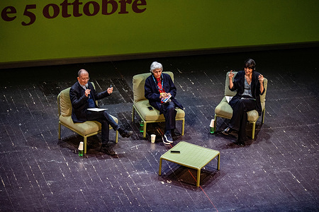 Journalist Luciana Castellina (C), Giovanni di Mauro (L), and Astra Taylor (R) attend the Ferrara International Film Festival. The 19th edition of Internazionale a Ferrara, held from October 3–5, 2025, is an international journalism and cultural festival organized by the Italian magazine "Internazionale". This year’s focus is on Palestine, featuring discussions on Israel’s democracy, life under occupation, and voices from Iran, alongside broader themes such as global politics, culture, and social change. The festival includes free lectures, debates, film screenings, and workshops on topics like artificial intelligence and Palestinian literature, bringing together leading journalists, authors, and activists from around the world.