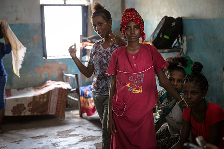 Teenage girls pictured in the dormitory for unaccompanied minors in Shagarab camp, eastern Sudan. Tens of thousands of Eritreans live in the area after escaping oppression and mandatory military service at home.