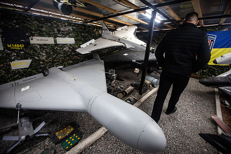 A view of a Shahed drone at Sumy police museum that houses Russian weaponry used in the war. The museum was created hastily so that police bomb disposal experts could analyze the remains of drones, rockets, and bombs they found in the region. The museum houses a large collection of Russian drones such as the Shahed, Molniya, and Gerbera.