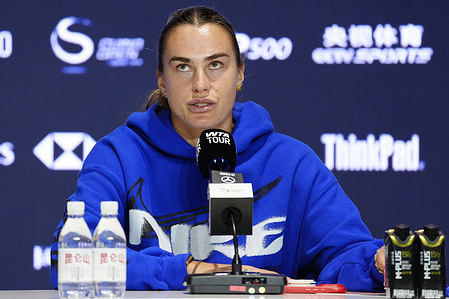 Aryna Sabalenka of Belarus attends a pre-tournament player media conference ahead of the China Open at the National Tennis Center.