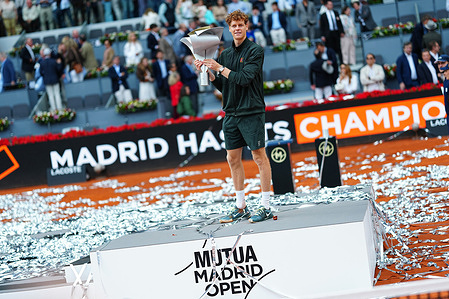 Jannik Sinner of Italy poses during the trophy ceremony after the Men’s Singles final match against Alexander Zverev of Germany (not in view) at the 2026 Mutua Madrid Open at La Caja Magica. Jannik Sinner won 6-1, 6-2