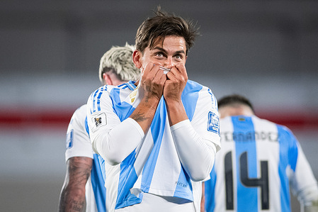 Paulo Dybala of Argentina celebrates after scoring a goal during the FIFA World Cup 2026 Qualifier match between Argentina and Chile at Estadio Mas Monumental Antonio Vespucio Liberti. Final score: Argentina 3 - 0 Chile