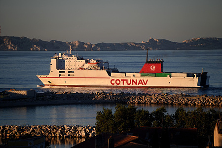 A view of the Ro-Ro Cargo ship Ulysse as it arrives at the French Mediterranean port.