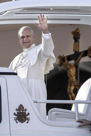 Pope Leo XIV leaves at the end of his weekly general audience in St. Peter's square at the Vatican.