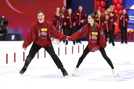 Ekaterina Chikmareva and Matvey Yanchenkov perform during the Channel One Figure Skating Cup 2026 at the Yubileyny Sports Palace.