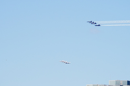 The U.S. Navy Blue Angels and Air Force Thunderbirds flyover to pay tribute to COVID-19 frontline workers as viewed from the Brooklyn borough of New York City.