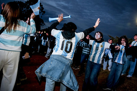 Argentina fans celebrate at the fan zone during a live public screening in Buenos Aires of the FIFA World Cup 2026 semi-final match between Argentina and England. Final score: England 1:2 Argentina