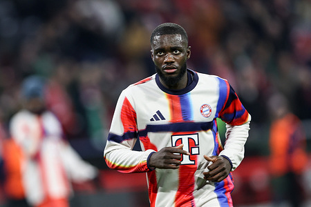 Dayot Upamecano of Bayern Munich seen during warm-up before the UEFA Champions League 2025/2026 match between Bayern Munich and Sporting at Allianz Arena. Final Score Bayern Munich 3 : 1 Sporting