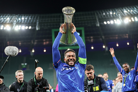Reece James of Chelsea London holds the trophy at the ceremony after the UEFA Conference League Final 2025 between Real Betis and Chelsea London at Wroclaw Stadium. Final score; Real Betis 1: 4 Chelsea London.