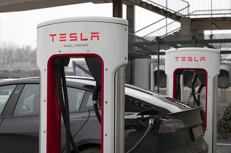 A Tesla charging station seen in front of a shopping center at Aupark Shopping Center.