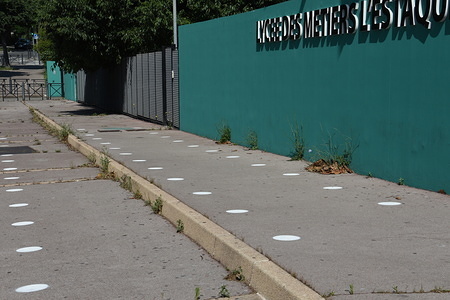 Marks of social distancing are seen on the ground of L'estaque high school to be followed by students as a precaution during the coronavirus pandemic.
As high schools prepare to reopen progressively, various preventive measures and precautions have been adopted to prevent the spread of the COVID-19 disease.