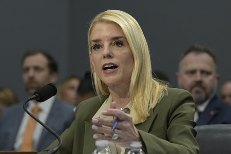 US Department of Justice Secretary Pamela Bondi testifies before House Appropriations Committee about to examine proposed budget for fiscal year 2026 for the Department of Justice during a hearing at Rayburn HOB/Capitol Hill in Washington.