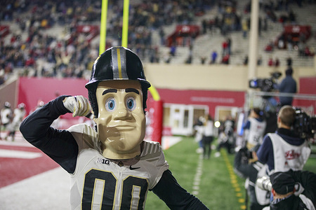 The Purdue Boilermakers mascot celebrates after cornerback Cory Trice (23) scores a touchdown against Indiana University during an NCAA football game at Memorial Stadium. Purdue beat IU 30-16.