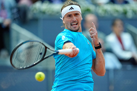 Alexander Zverev of Germany plays against Flavio Cobolli of Italy (not in view) during the Men’s Singles quarter-final match at the 2026 Mutua Madrid Open at La Caja Magica. Alexander Zverev won 6-1, 6-4