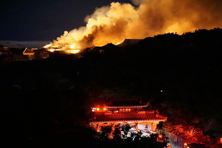 Flames and smoke seen coming from the Shurijo castle, a UNESCO World Heritage site in Okinawa. Fire broke out around midnight and burned down the main hall of the castle.