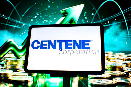 In this photo illustration, the Centene Corporation logo is seen displayed on a tablet screen.