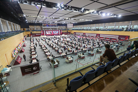 Competitors seen at their during the 2025 World Rapid and Blitz Chess Championships, organized by the International Chess Federation (FIDE), at the Sports and Events Complex at Qatar University in Doha.