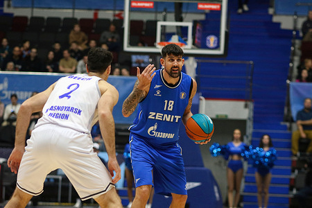 Adrien Moerman (18) of Zenit and Beau Beech (2) of Enisey in action during the VTB United League basketball match, Regular Season, between Zenit Saint Petersburg and Enisey Krasnoyarsk territory at Arena. Final score; Zenit 80:77 Enisey.