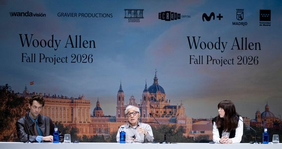 Actor Peter Vives, director Woody Allen and actress Alexi Wasser attend the 'Shooting Of Woody Allen's New Movie in Madrid' photocall at Teatros del Canal.