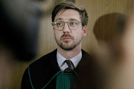 Adam Domanski, lawyer, speaks to the media at the District Court in Warsaw. On January 15, the District Court in Warsaw (Sąd Okręgowy w Warszawie) examined a case related to the possible extradition of Russian archaeologist Aleksandr Butiagin, accused by Ukraine of unauthorised excavation and plundering of historical artefacts in Crimea.